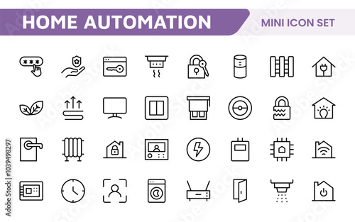 Home Automation Icon Set. Smart and intuitive icons for controlling lights, security, and devices, perfect for smart home apps, IoT interfaces, and tech-savvy branding.