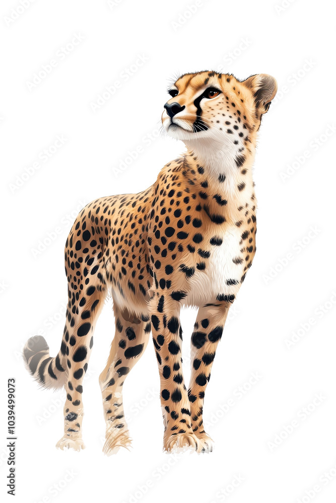 A cheetah standing, isolate on white background, emphasizing its sleek form and speed. cutout png A cheetah standing, isolate on white background, emphasizing its sleek form and speed. cutout png
