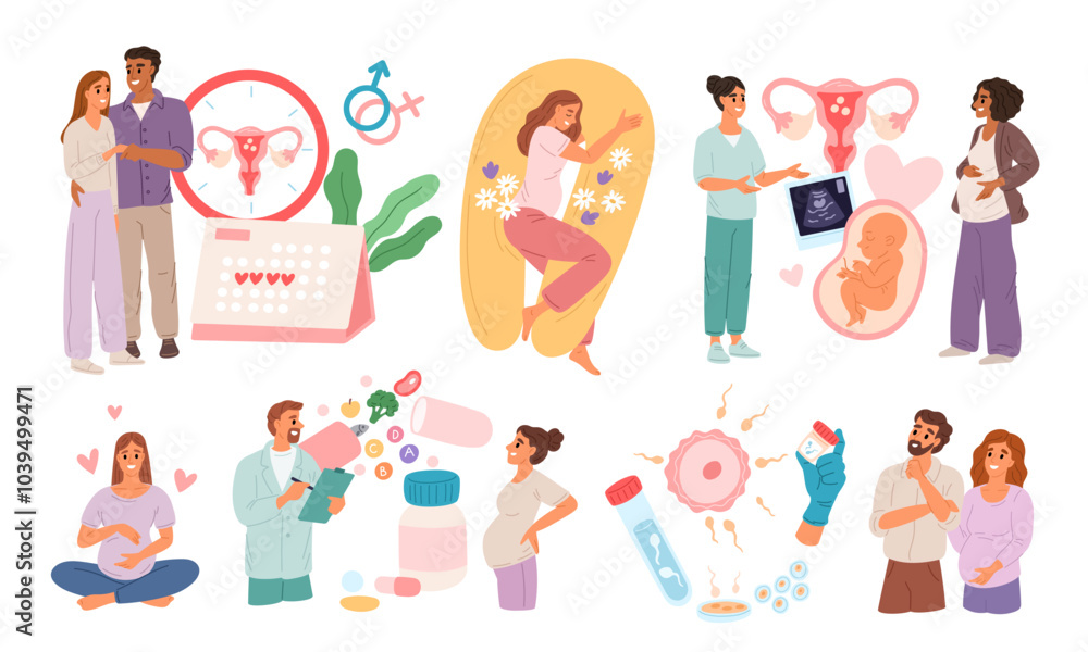 Fototapeta premium Human fertilization. Conception and pregnancy preparation. Parents couple at appointment with doctors. Gynecological consultation. Ovulation period. Pregnant woman. Garish vector set