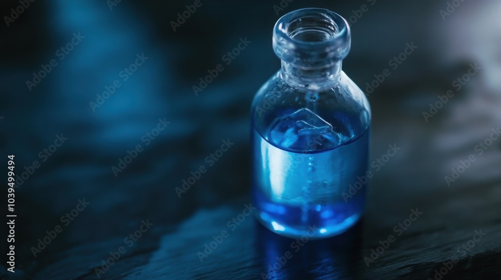 Small Vial Containing Blue Liquid on Dark Surface Small Vial Containing Blue Liquid on Dark Surface
