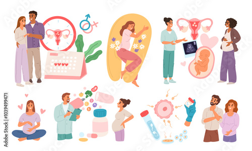 Human fertilization. Conception and pregnancy preparation. Parents couple at appointment with doctors. Gynecological consultation. Ovulation period. Pregnant woman. Garish vector set