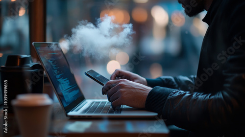 A businessman works at his desk, using his laptop and phone. There's coffee nearby, and a blurry background with a strange, digital cloud. This picture suggests concerns about data leaks and security. photo