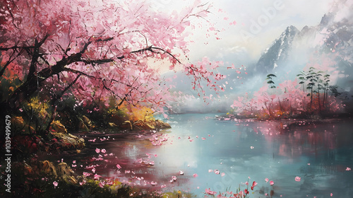 Oil painting of cherry blossoms by the river