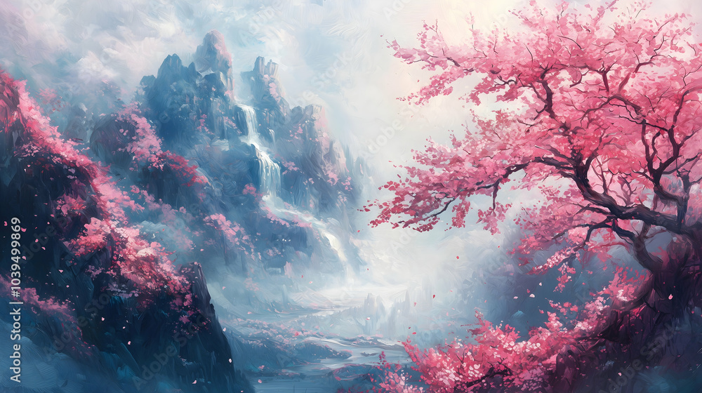 Fototapeta premium Floral wallpaper with cherry blossoms, oil painting