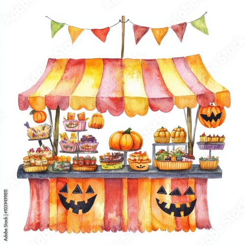 watercolor painting of a cheerful Halloween market with stalls selling treats and decorations, on isolated white background