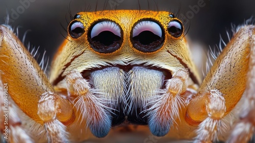  A tight shot of a spider's expressive face, displaying wide-open eyes and a surprised expression photo