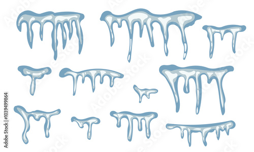 Set Ice floe, frozen water piece, iceberg and icicles in cartoon style isolated on white background. Collection polar landscape element, ui game asset. Winter decoration.