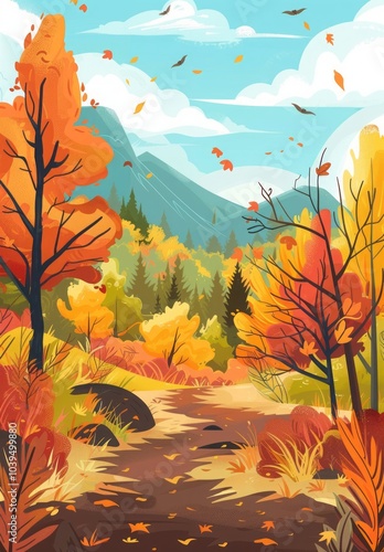 autumn landscape flat illustration.