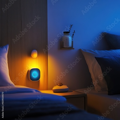 A cozy bedroom scene with ambient lighting and decorative elements for relaxation.