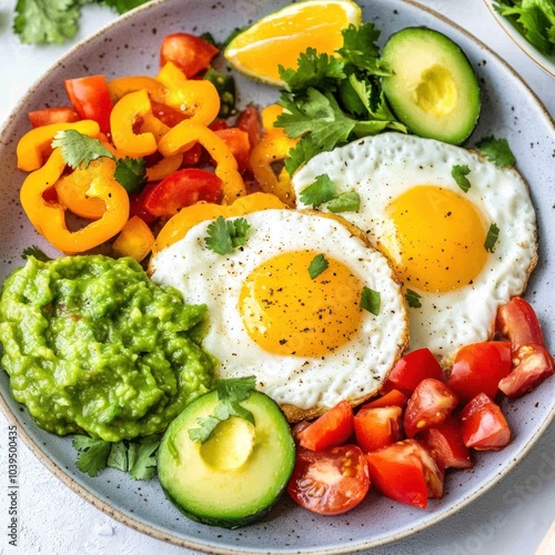 A colorful plate featuring fried eggs, vegetables, and guacamole for a healthy meal.