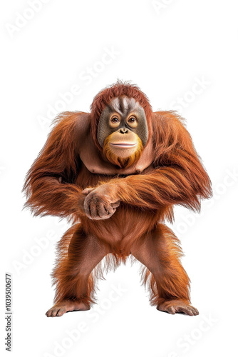 A majestic orangutan standing gracefully, isolate on white background, showcasing its unique features. cutout png