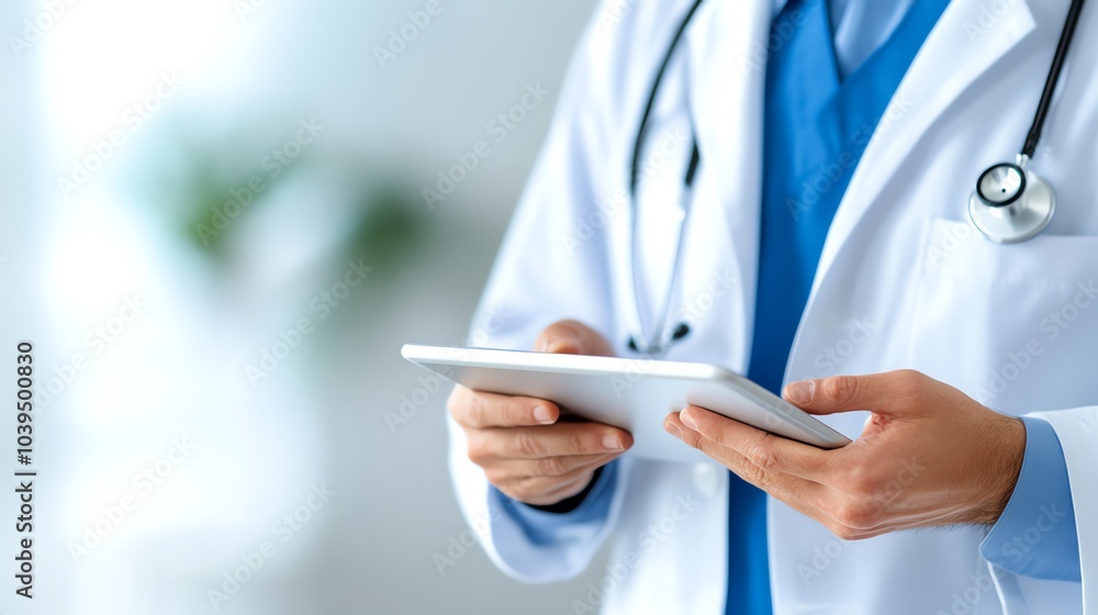 Medical professional using tablet in modern healthcare setting. Medical professional using tablet in modern healthcare setting.