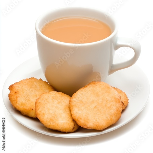 A cup of tea with a plate of fried snacks, ideal for a light snack or afternoon break.