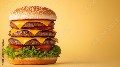 Obraz na płótnie Delicious Triple Cheeseburger with Fresh Ingredients w salonie