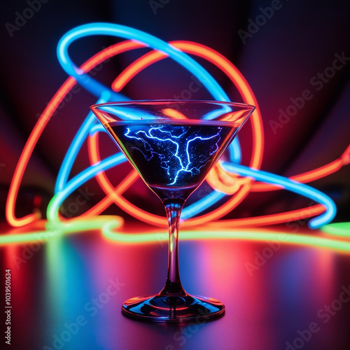 a colorful cocktail glass illuminated by hypnotic neon lights, capturing the essence of a vibrant rave party atmosphere, with swirling colors and a festive feel1  photo