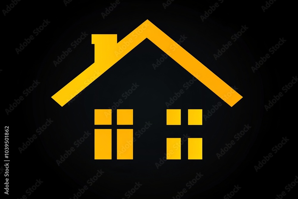 Abstract vector house icon with yellow roof and windows against black ...