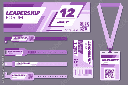 Event access plastic bracelets control. Events badges or bracelets design. Paper pass tapes with QR codes. Forum ID. Business leadership conference. Festival admit tickets vector set