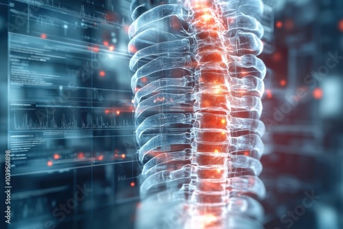 Illustration of a human spine highlighting nerve connections and digital health data analysis photo