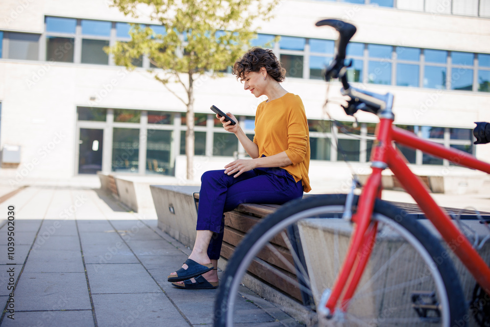 Smiling woman using smart phone on bench Smiling woman using smart phone on bench