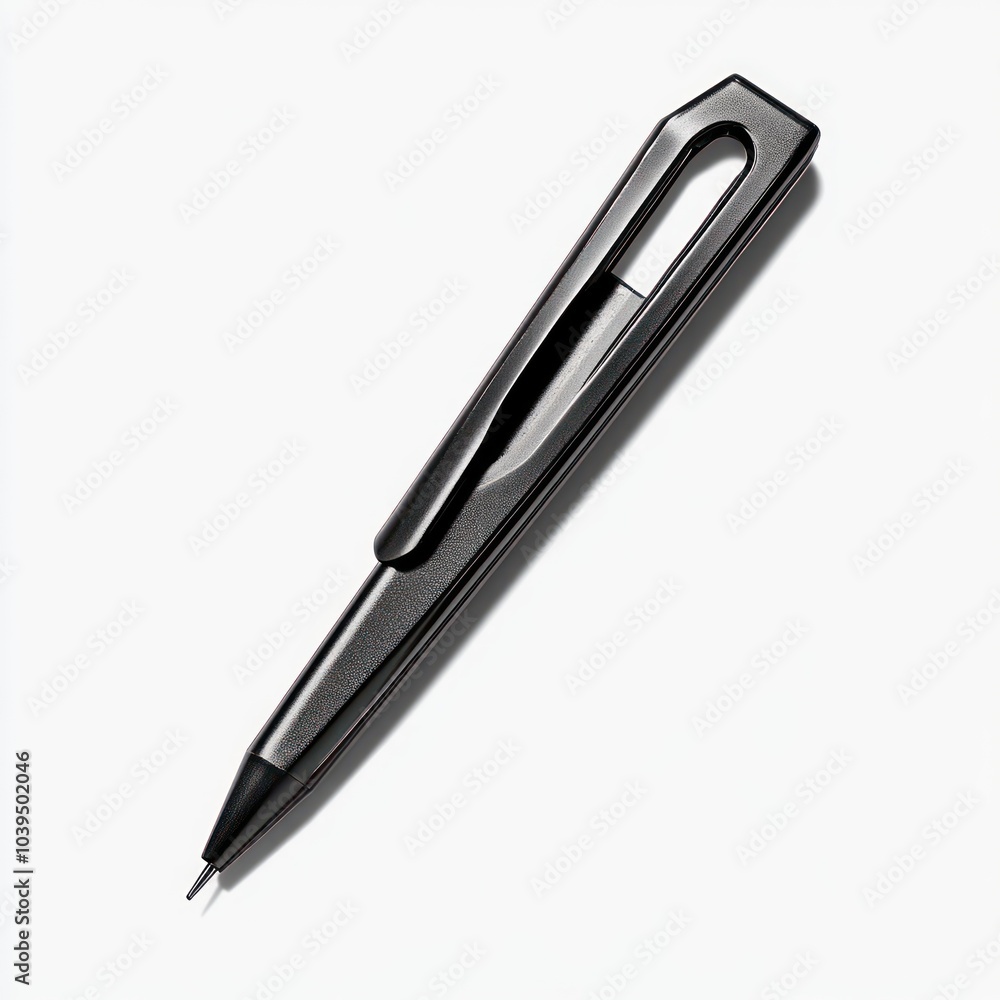 A sleek black pen lying on a white surface, designed for writing and drawing. A sleek black pen lying on a white surface, designed for writing and drawing.