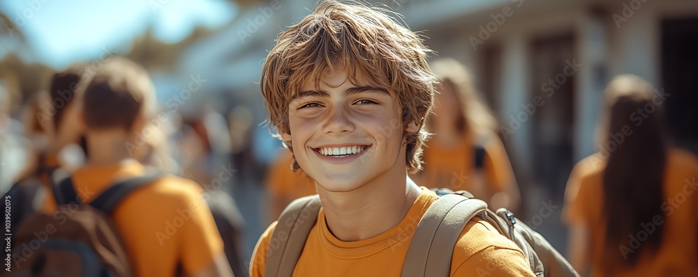 Smiling teenager in bright orange shirt, outdoor setting with peers in background. Smiling teenager in bright orange shirt, outdoor setting with peers in background.