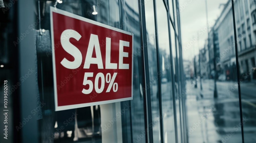 Sale Sign on Shop Window in Urban Setting Sale Sign on Shop Window in Urban Setting