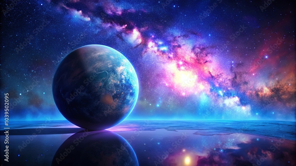A celestial body reflecting upon a tranquil cosmic horizon, beneath a starry sky adorned with vibrant nebulas A celestial body reflecting upon a tranquil cosmic horizon, beneath a starry sky adorned with vibrant nebulas
