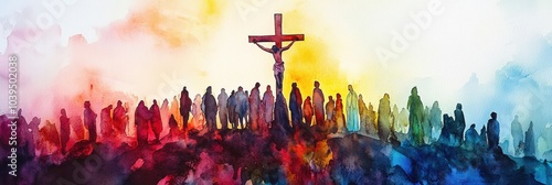Christian Banner. Watercolor Painting of People at the Cross of Jesus Christ for Good Friday and Semana Santa