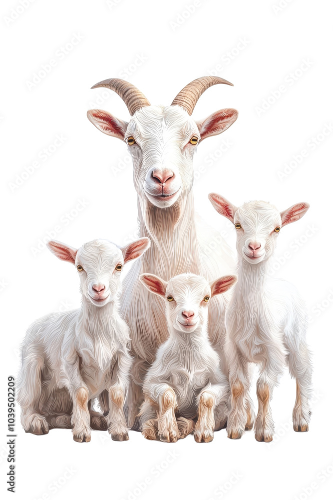 Obraz premium A family of goats, isolate on white background, standing together with gentle expressions. cutout png