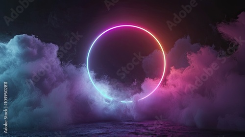 Abstract neon background. Glowing neon circle in dark room with smoke and smog. Empty scene for your design