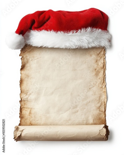 Christmas Scroll with Santa Hat on White Background. Retro Design of Blank Scroll Page