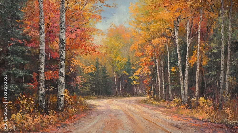 Obraz premium Autumn splendor along a forest road in Michigan's Keweenaw Peninsula.