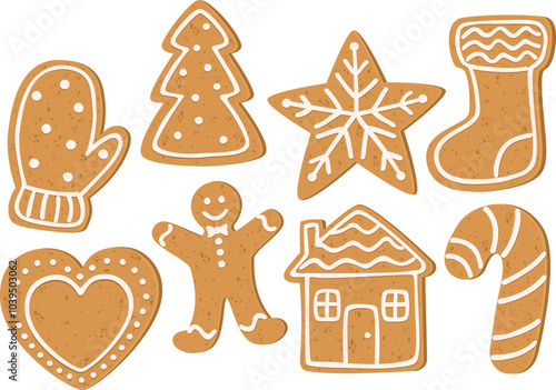 Set of cute gingerbread Christmas cookies with white decorative glaze. Hand drawn holiday sweets