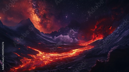 hot red magma flowing on dark mountainous surface at night time with Milky Way