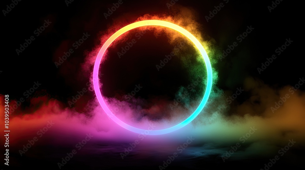 Fototapeta premium Abstract neon background. Glowing neon circle in dark room with smoke and smog. Empty scene for your design