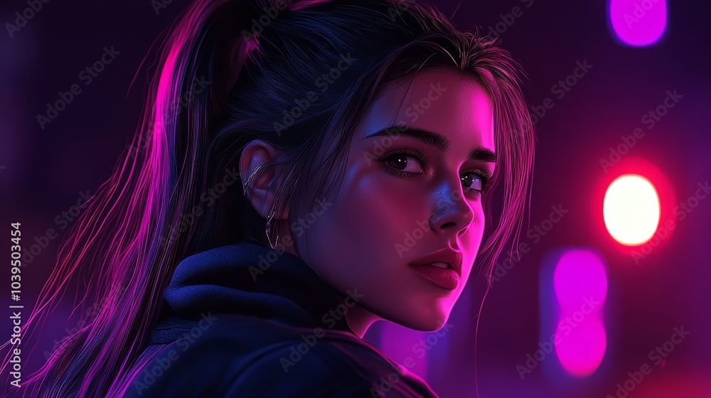 A tight shot of a person in a hoodie, gazing at the camera against a backdrop of vivid lights A tight shot of a person in a hoodie, gazing at the camera against a backdrop of vivid lights