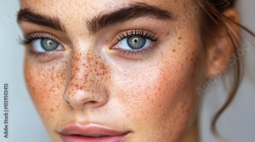  A close-up of a woman's face with freckled skin on her eyebrows and eyes