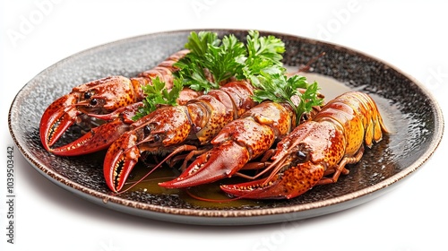 Boiled crawfish presented on an isolated plate.