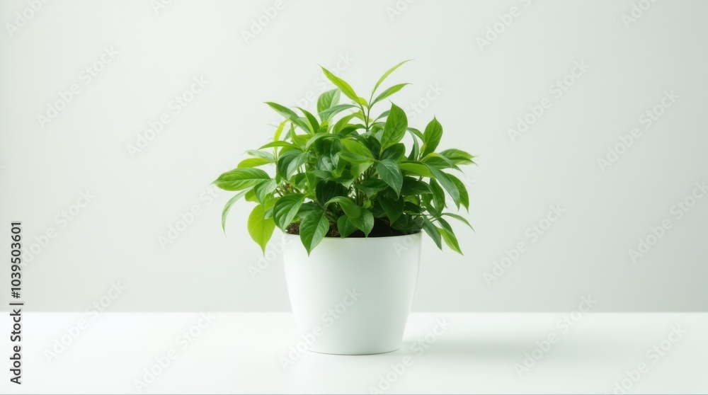 Fototapeta premium A lush green potted plant with vibrant leaves, placed in a sleek white pot on a clean white surface, creating a fresh and minimalist aesthetic.