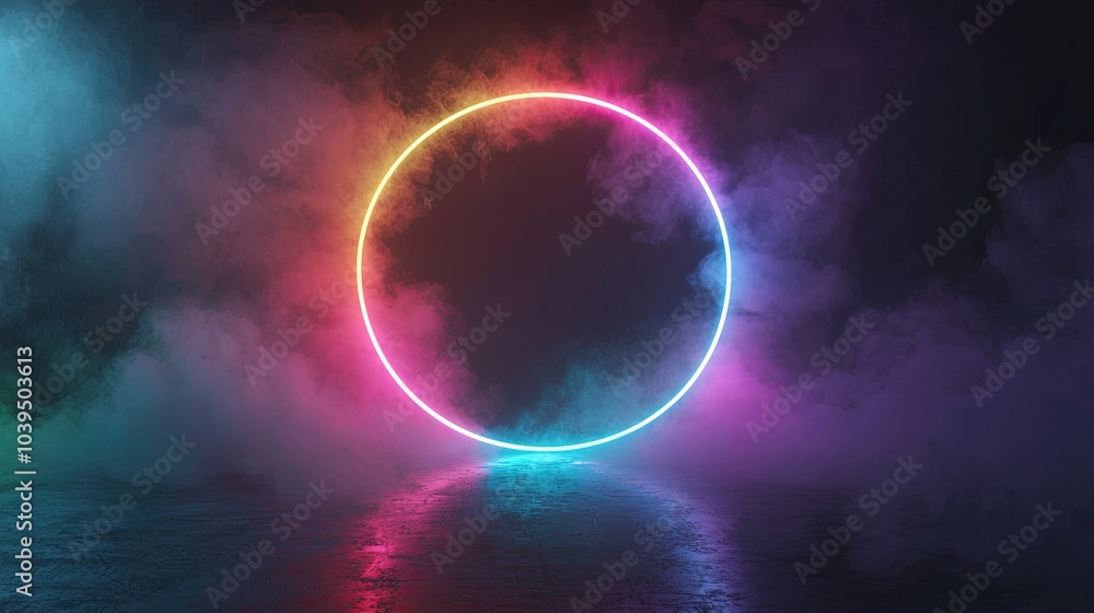 Abstract neon background. Glowing neon circle in dark room with smoke and smog. Empty scene for your design Abstract neon background. Glowing neon circle in dark room with smoke and smog. Empty scene for your design