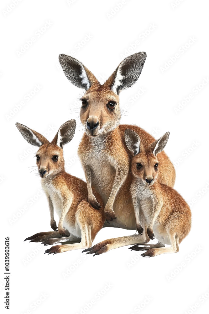 Obraz premium A family of kangaroos, isolate on white background, gathered together with joyful expressions and playful poses. cutout png