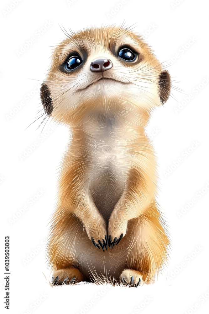 Fototapeta premium A baby meerkat, isolate on white background, with soft fur and an endearing expression. cutout png