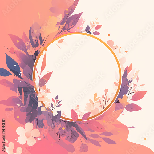 A delicate floral design featuring a golden circle frame surrounded by soft pink and purple leaves. Perfect for a romantic or elegant design.