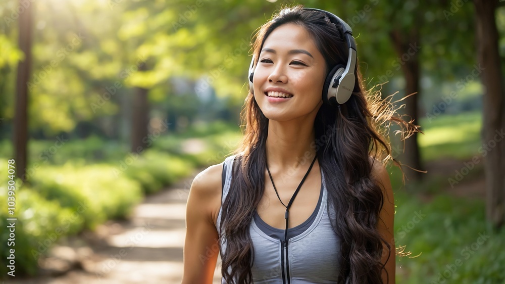 **Asian Woman Running Workout Refreshing Water Bottle Headphones** **Asian Woman Running Workout Refreshing Water Bottle Headphones**