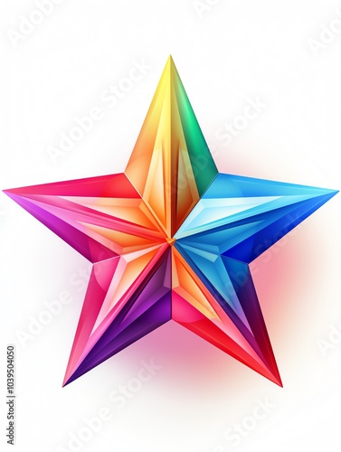 A vibrant, multi-colored geometric star with sharp edges, creating a striking visual effect against a white background.