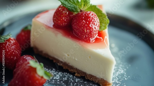 Classic Strawberry Cheesecake Slice on Dark Plate