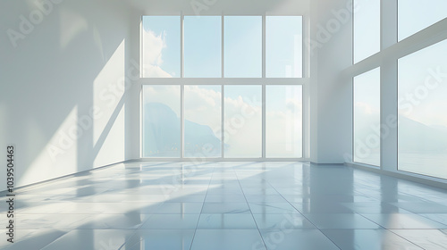 A minimalist room with large windows offering a panoramic view of a distant mountain range and sparkling blue water. The white walls and tiled floor reflect the natural light streaming in, creating a