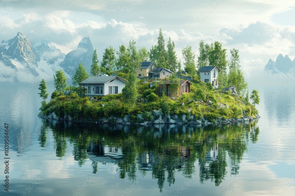 A serene island with charming houses surrounded by mountains and calm waters at dawn A serene island with charming houses surrounded by mountains and calm waters at dawn