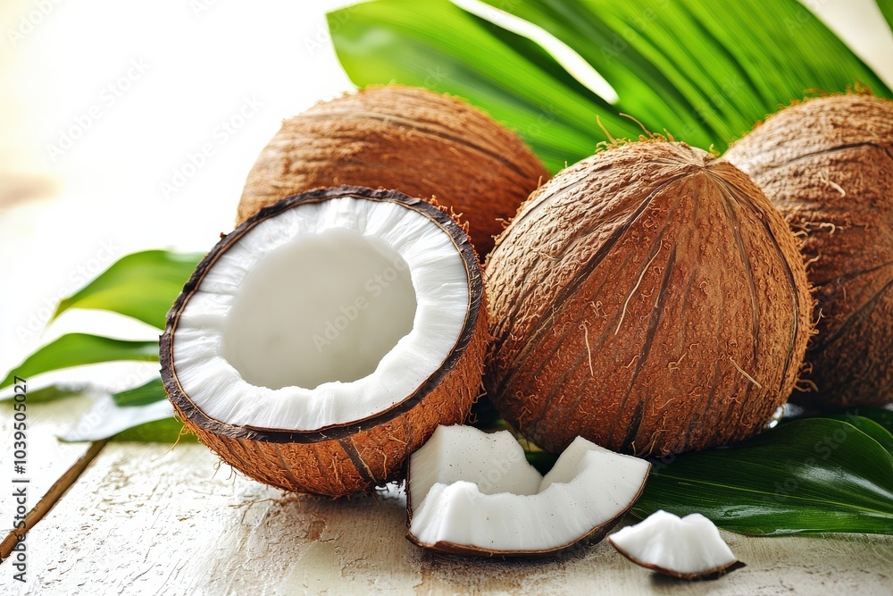 Coconut Half. Fresh Coco Nut with Leaf Isolated on White Background. Full Depth of Field Coconut Half. Fresh Coco Nut with Leaf Isolated on White Background. Full Depth of Field