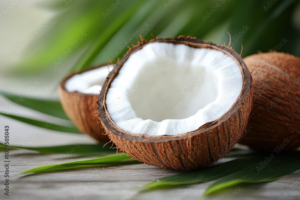 Coconut Half. Fresh Coco Fruit with Isolated Coconut and Leaf on White Background Coconut Half. Fresh Coco Fruit with Isolated Coconut and Leaf on White Background